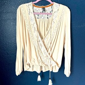 Boho faux wrap style top with lace details